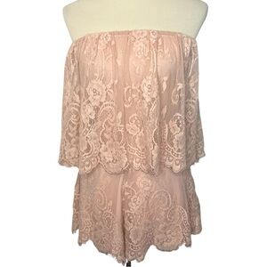 Lovers + Friends Blush Lace Strapless Romper Boho Revolve Romantic Scalloped XS